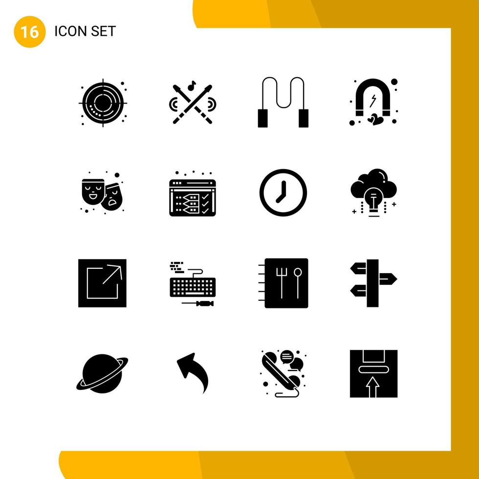 Móvel interface sólido glifo conjunto do 16 pictogramas do drama mascarar saltando romance amor editável vetor Projeto elementos