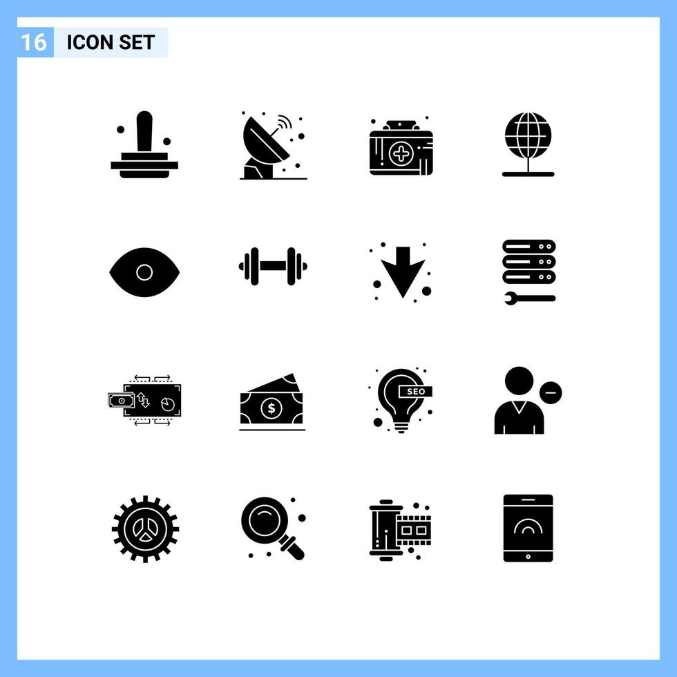 Móvel interface sólido glifo conjunto do 16 pictogramas do olho ficar de pé espaço navegação médico emergência editável vetor Projeto elementos