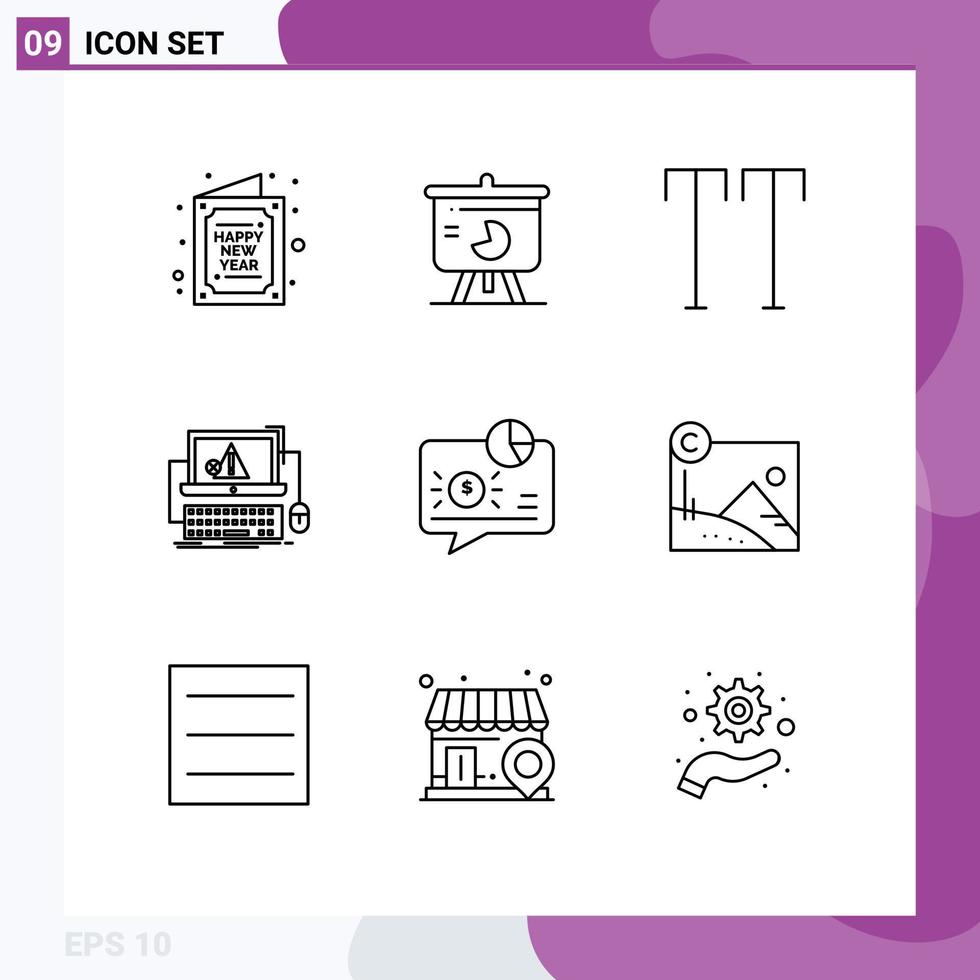 Móvel interface esboço conjunto do 9 pictogramas do sistema erro torta gráfico batida texto editável vetor Projeto elementos