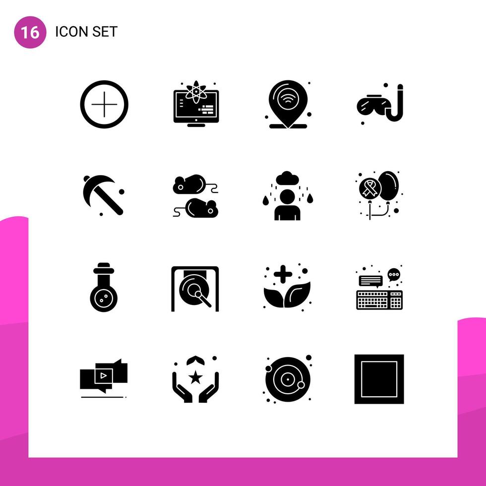16 sólido glifo conceito para sites Móvel e apps pá agricultura Internet passatempo natação editável vetor Projeto elementos