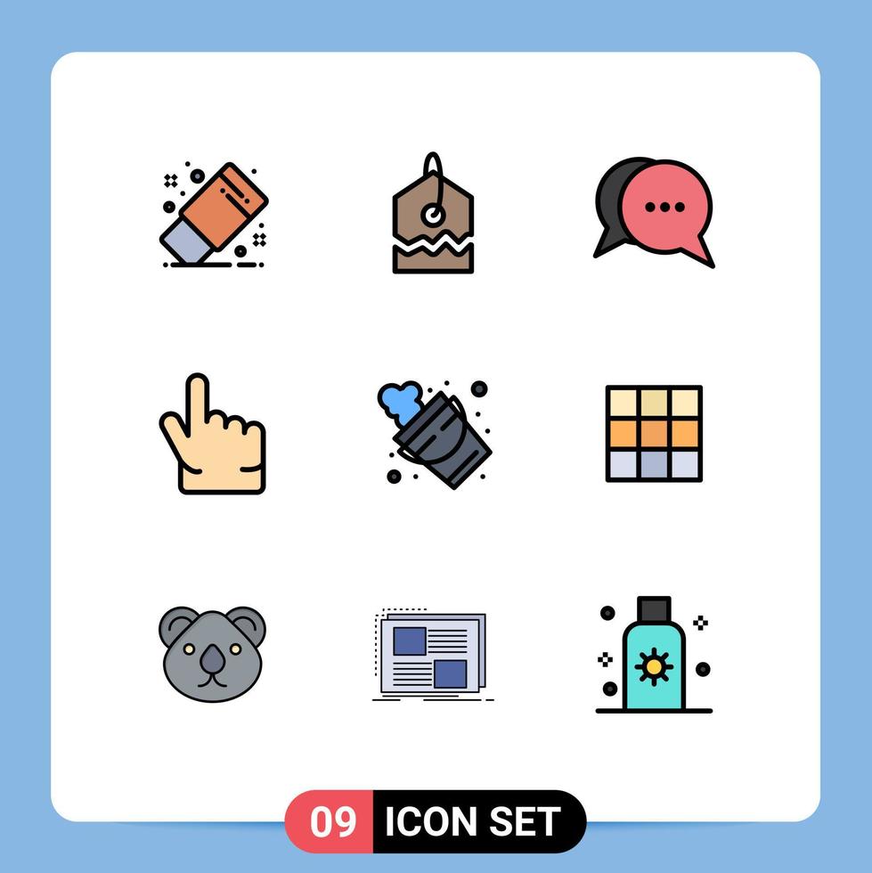 pictograma conjunto do 9 simples linha preenchida plano cores do ferramenta fogo conversação balde indicador editável vetor Projeto elementos