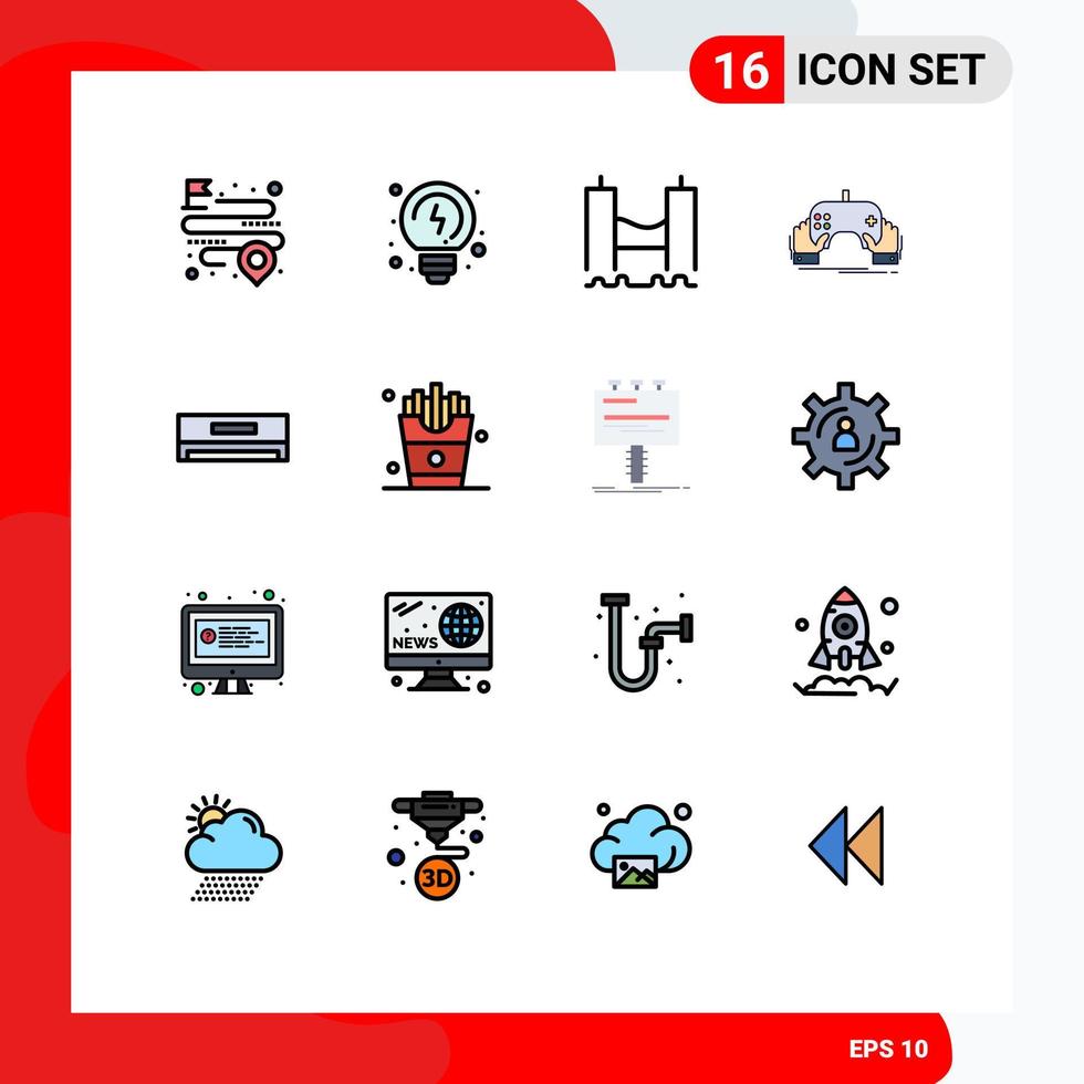 Móvel interface plano cor preenchidas linha conjunto do 16 pictogramas do ar condicionador entretenimento Cruz Móvel jogos editável criativo vetor Projeto elementos