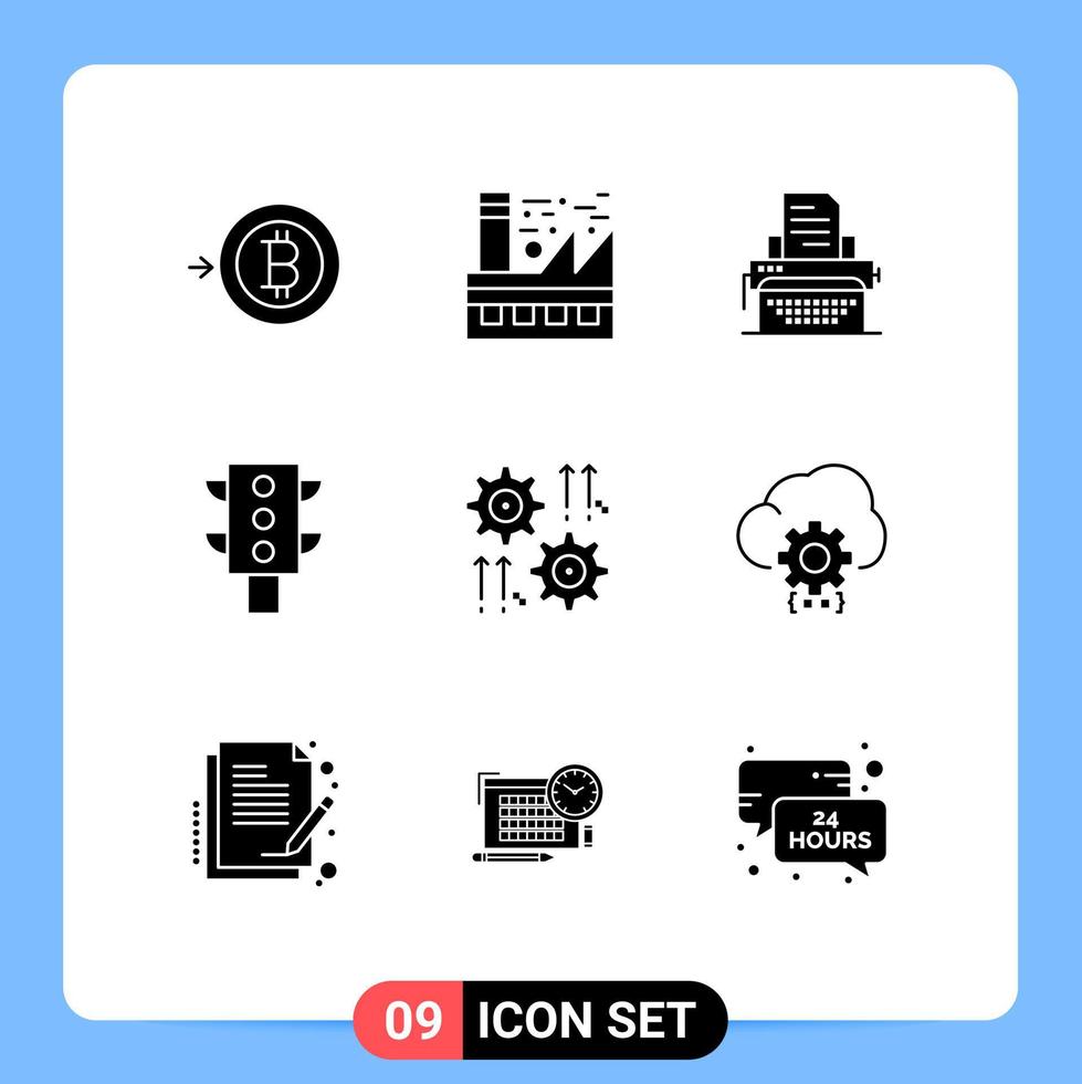 9 temático vetor sólido glifos e editável símbolos do roda dentada configuração máquina de escrever transporte luzes editável vetor Projeto elementos