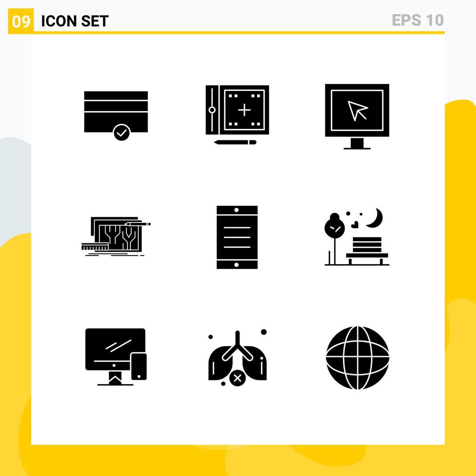 Móvel interface sólido glifo conjunto do 9 pictogramas do Móvel Projeto entretenimento o circuito arquitetura editável vetor Projeto elementos