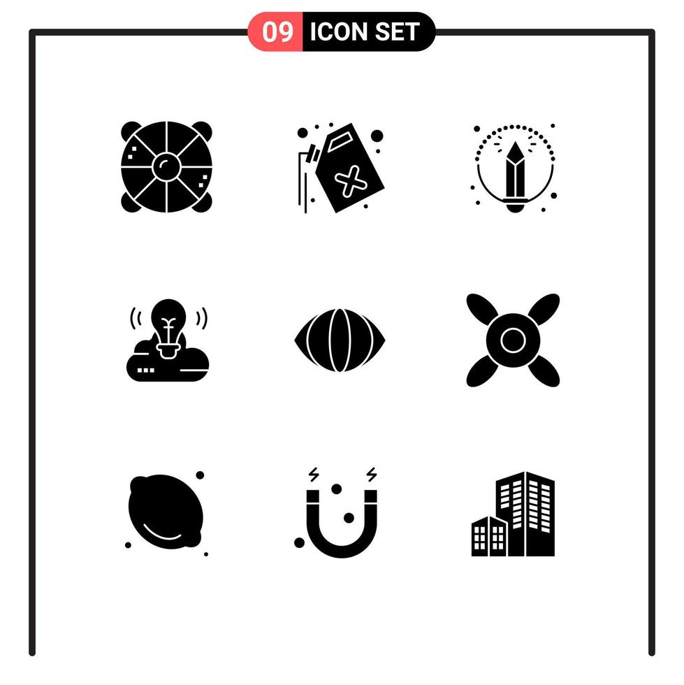 Móvel interface sólido glifo conjunto do 9 pictogramas do face criativo campanha desperdício nuvem criativo lâmpada editável vetor Projeto elementos