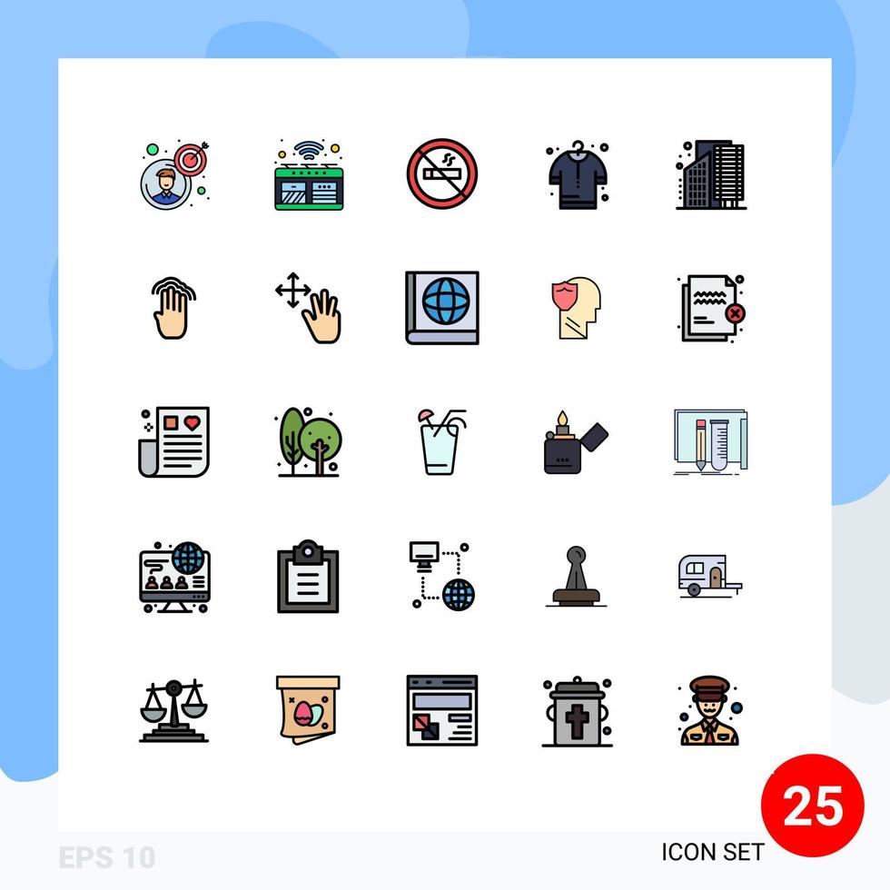 Móvel interface preenchidas linha plano cor conjunto do 25 pictogramas do cidade edifícios fogão compras Comprar editável vetor Projeto elementos