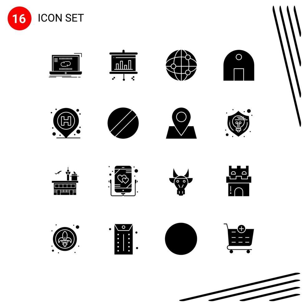Móvel interface sólido glifo conjunto do 16 pictogramas do localização real Estado mundo mesquita histórico construção editável vetor Projeto elementos