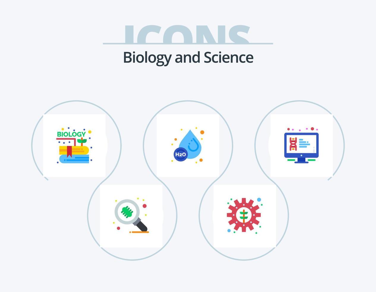 biologia plano ícone pacote 5 ícone Projeto. dna. água. livro. líquido. solta vetor