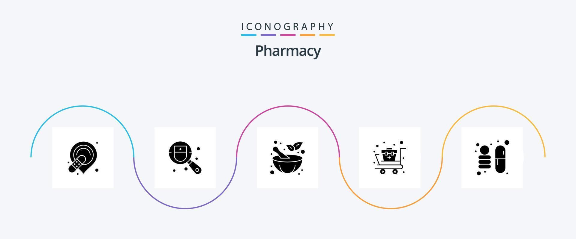 farmacia glifo 5 ícone pacote Incluindo espaço. farmacia. argamassa. suprimentos. carrinho vetor