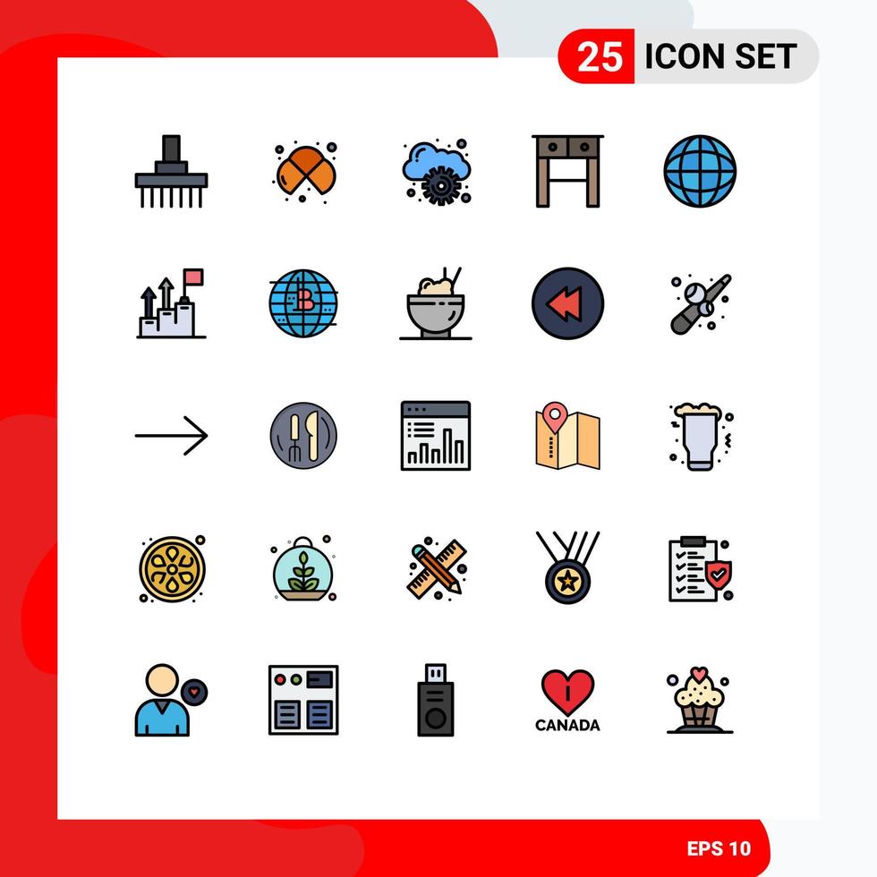 Móvel interface preenchidas linha plano cor conjunto do 25 pictogramas do Internet mesa estude gaveta gestão editável vetor Projeto elementos