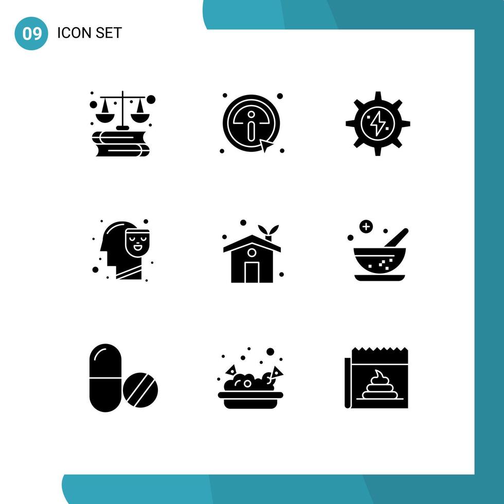 Móvel interface sólido glifo conjunto do 9 pictogramas do eco casa face engrenagem feliz humano editável vetor Projeto elementos