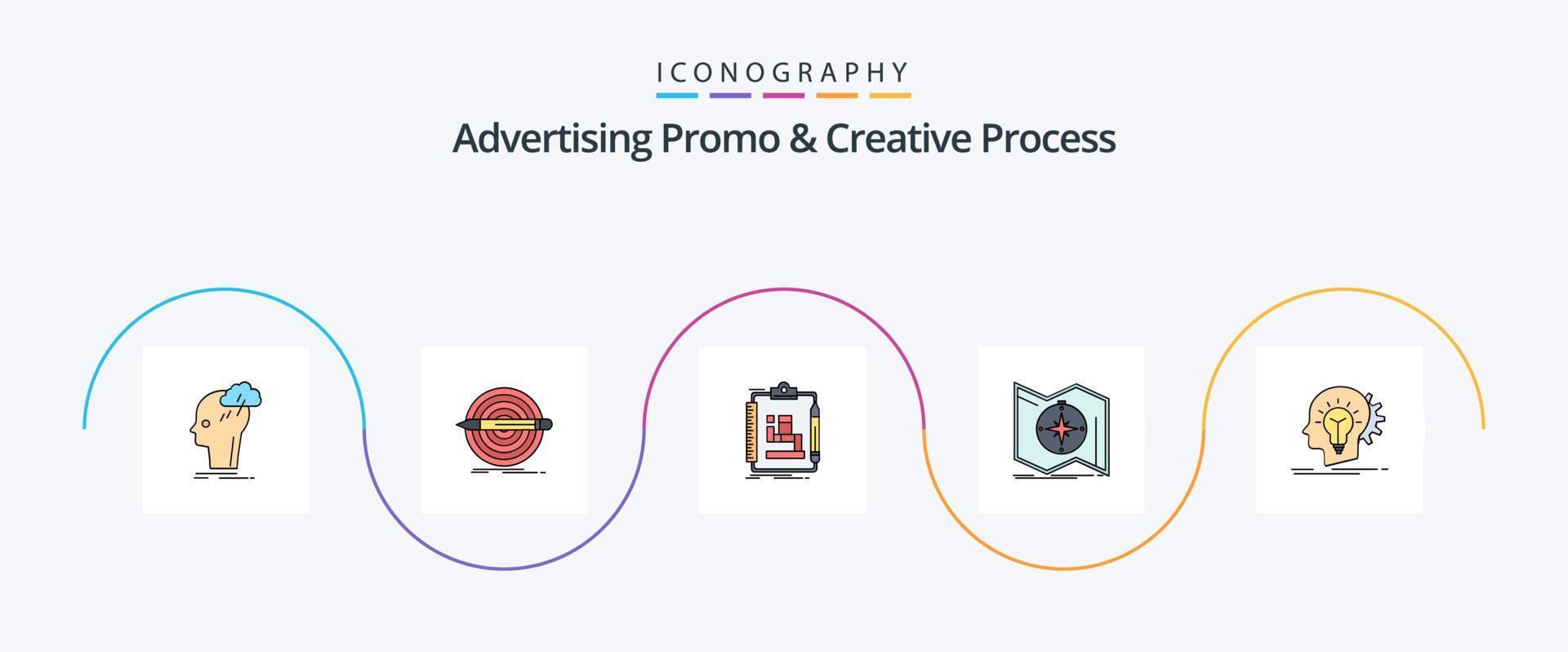 publicidade promo e criativo processo linha preenchidas plano 5 ícone pacote Incluindo mapa. direção. definir. fluxo de trabalho. esquema vetor