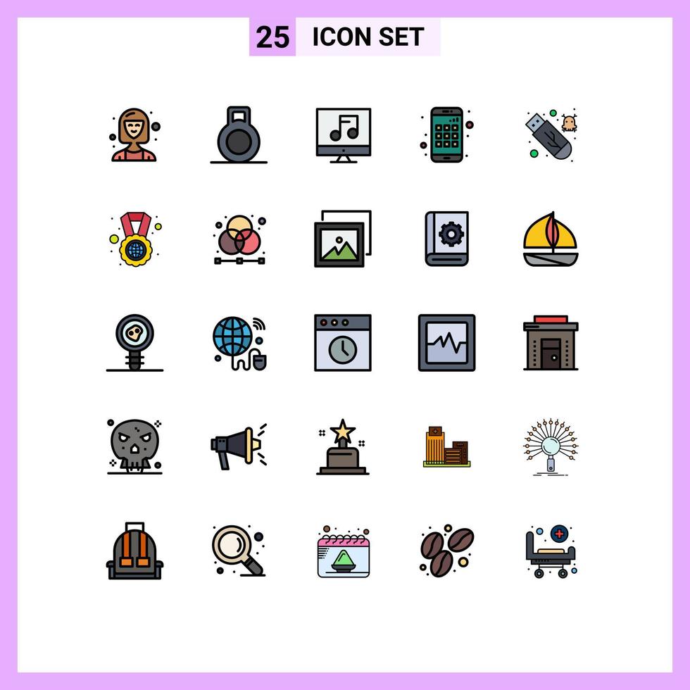 Móvel interface preenchidas linha plano cor conjunto do 25 pictogramas do globo USB multimídia bastão Smartphone editável vetor Projeto elementos