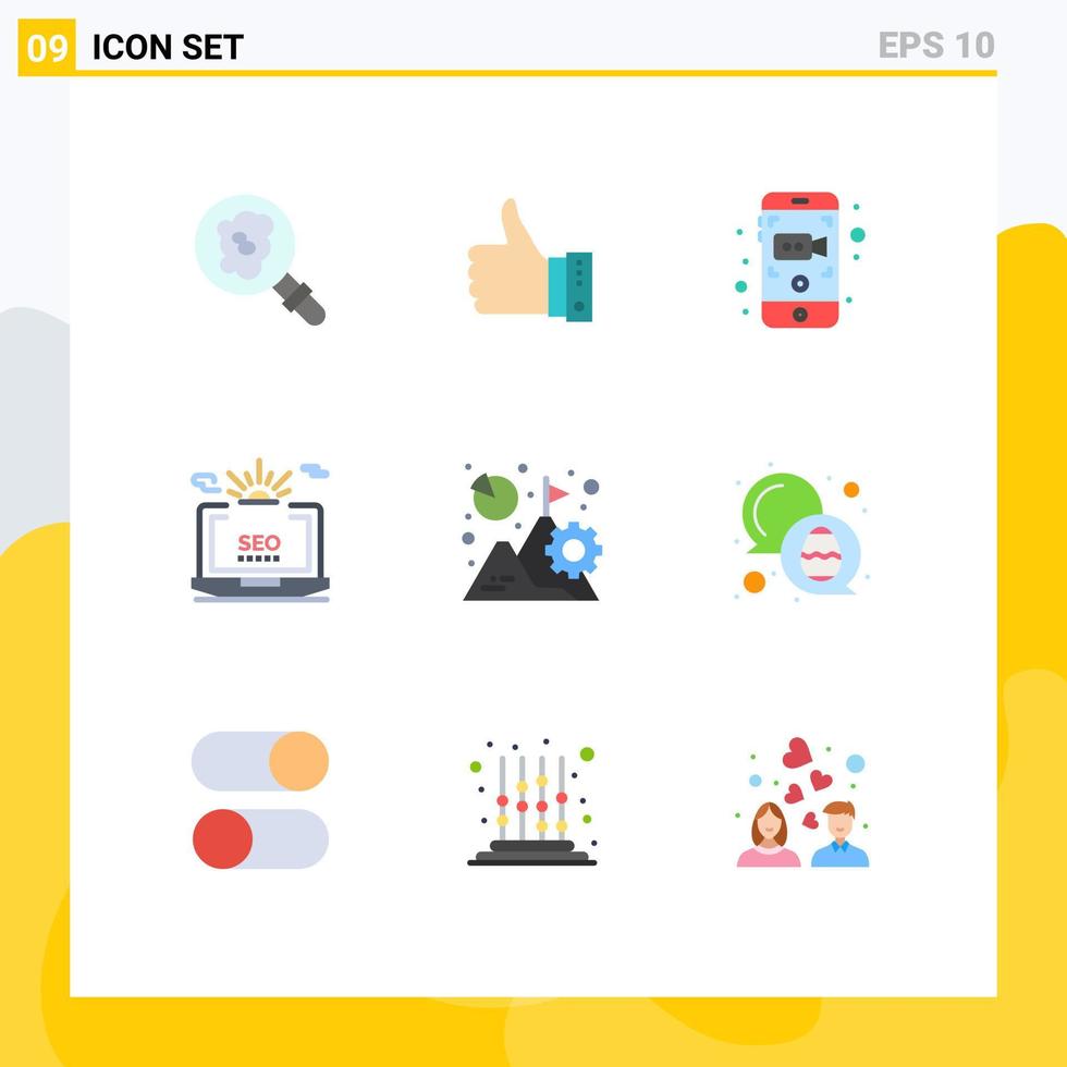 Móvel interface plano cor conjunto do 9 pictogramas do configuração computador portátil acima seo vídeo editável vetor Projeto elementos