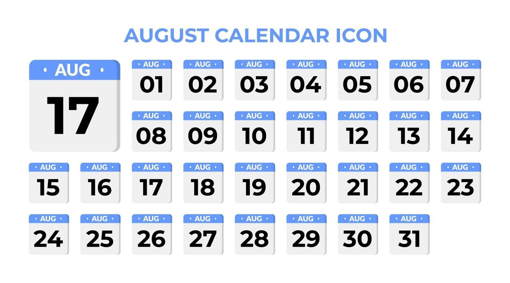 ícone de calendário de agosto, definido em azul vetor