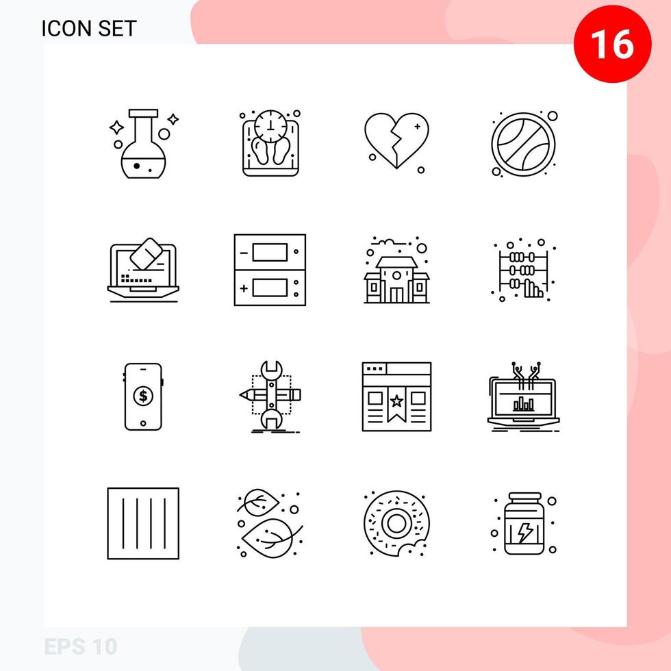 universal ícone símbolos grupo do 16 moderno esboços do ferramenta computador portátil brokan tênis bola editável vetor Projeto elementos