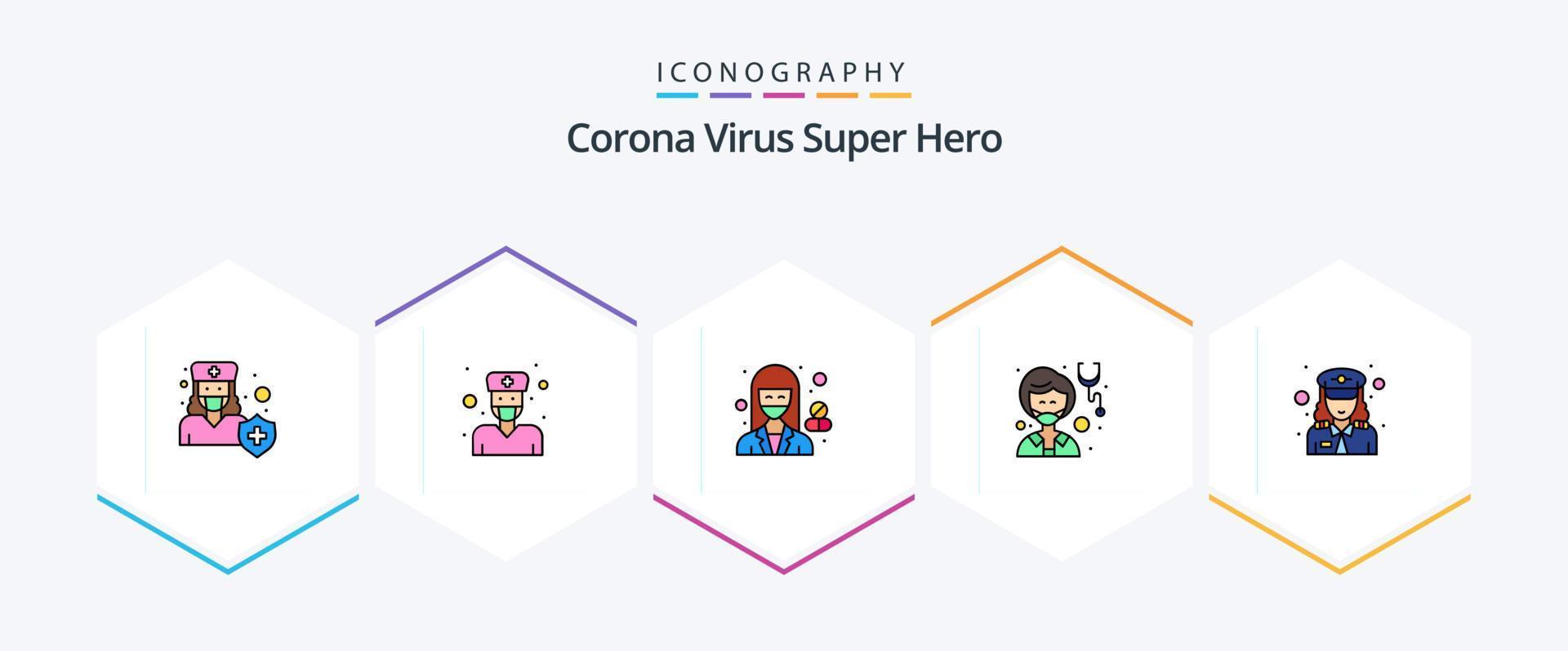 corona vírus super herói 25 linha preenchida ícone pacote Incluindo remédio. avatar. médico. farmacêutico. hospital vetor