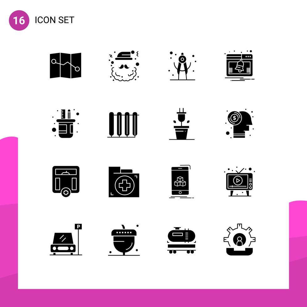 Móvel interface sólido glifo conjunto do 16 pictogramas do escala lápis geometria suporte aviso prévio editável vetor Projeto elementos