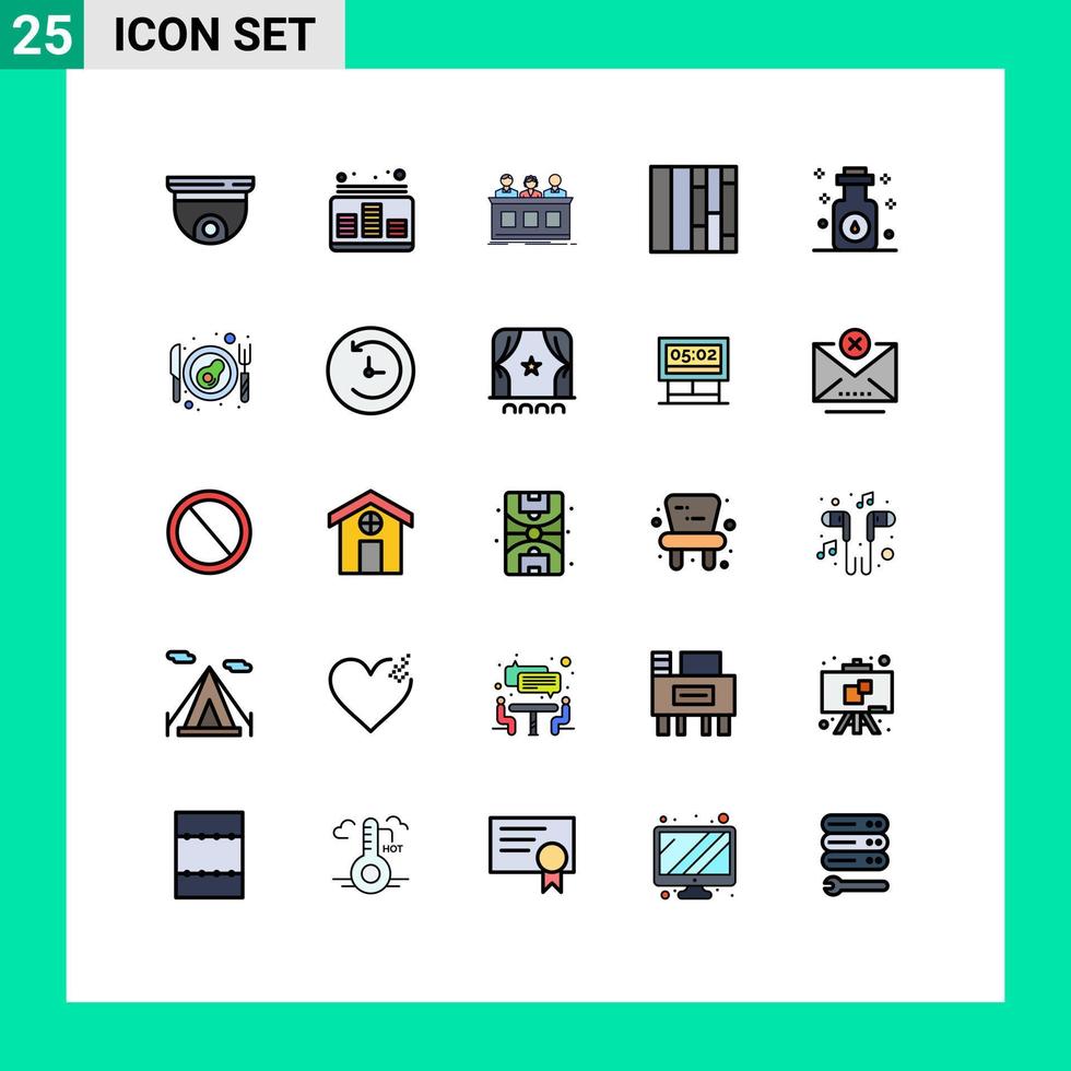 Móvel interface preenchidas linha plano cor conjunto do 25 pictogramas do aromaterapia disposição música júri especialista editável vetor Projeto elementos