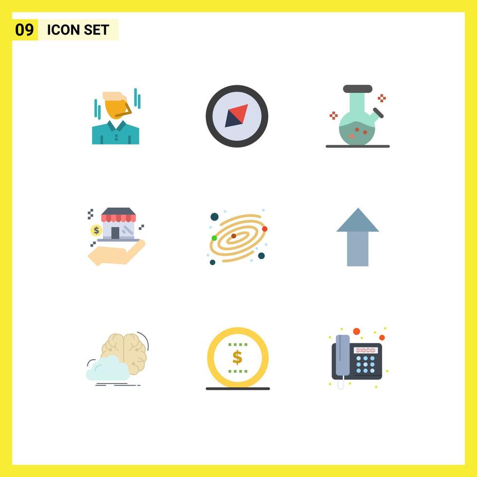 Móvel interface plano cor conjunto do 9 pictogramas do seta planeta laboratório astronomia fazer compras editável vetor Projeto elementos