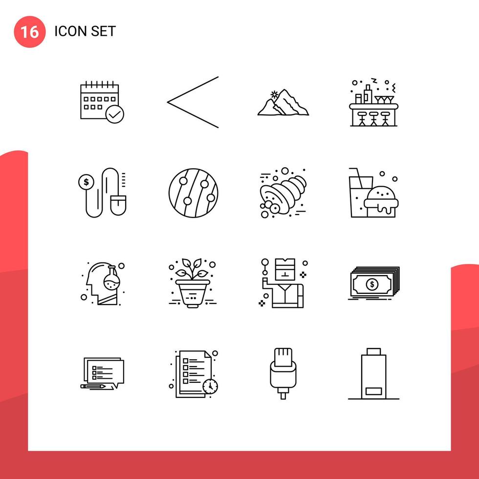 Móvel interface esboço conjunto do 16 pictogramas do noite vinho esquerda Sol Colina editável vetor Projeto elementos