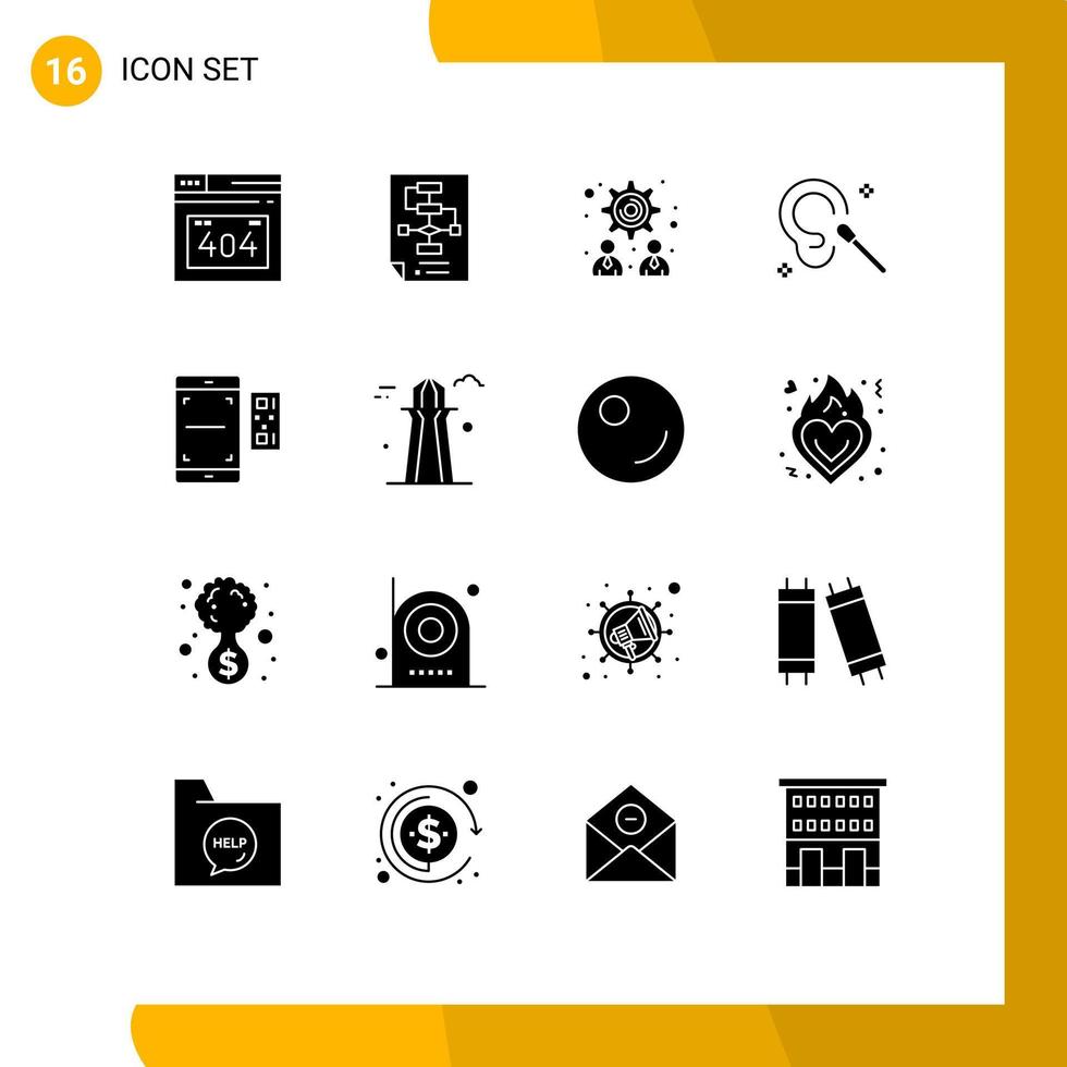 Móvel interface sólido glifo conjunto do 16 pictogramas do Varredura código gestão limpar \ limpo orelha editável vetor Projeto elementos