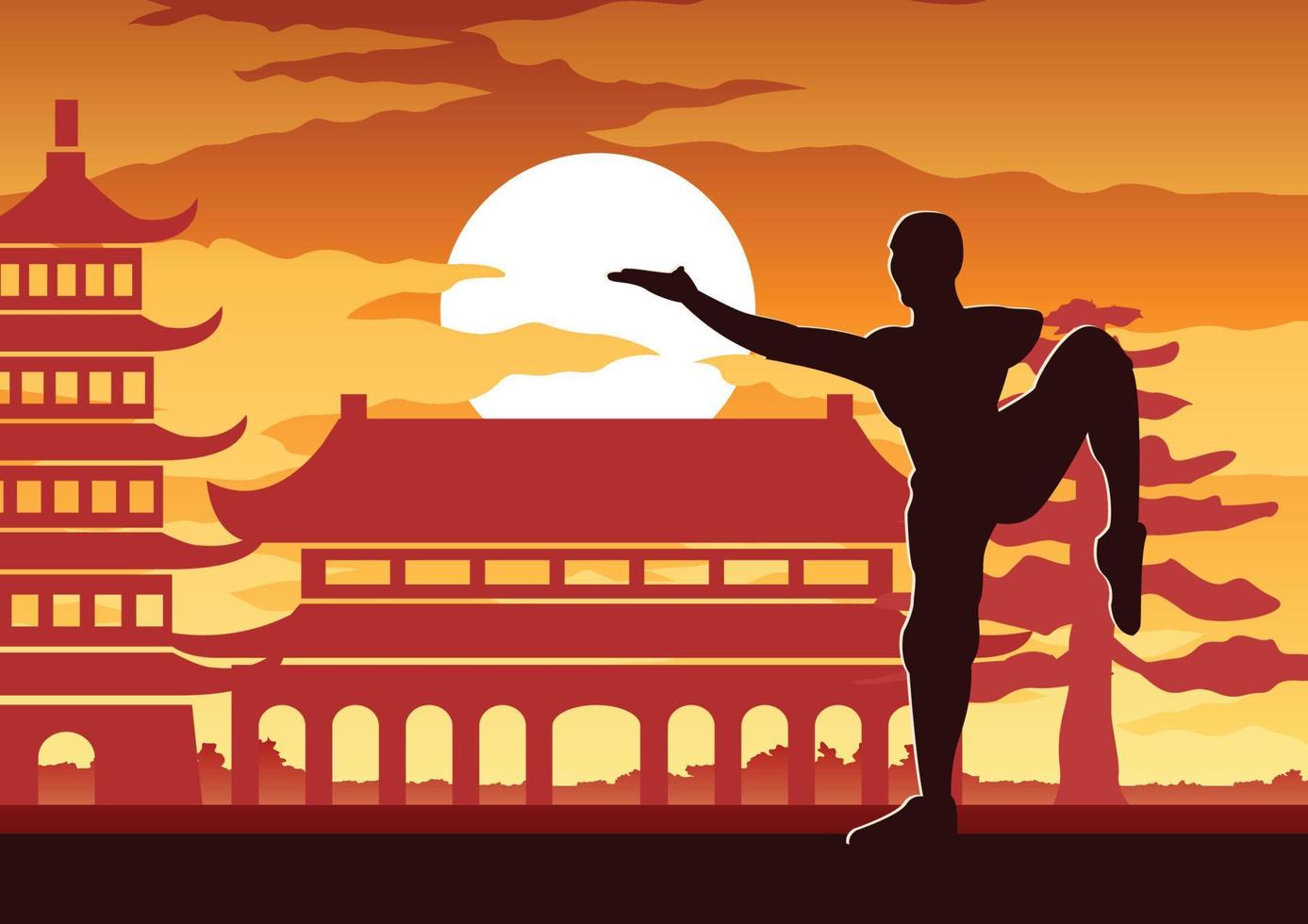 boxe chinês kung fu arte marcial esporte famoso, dois boxeadores lutam juntos com o templo chinês, design de silhueta do pôr do sol vetor