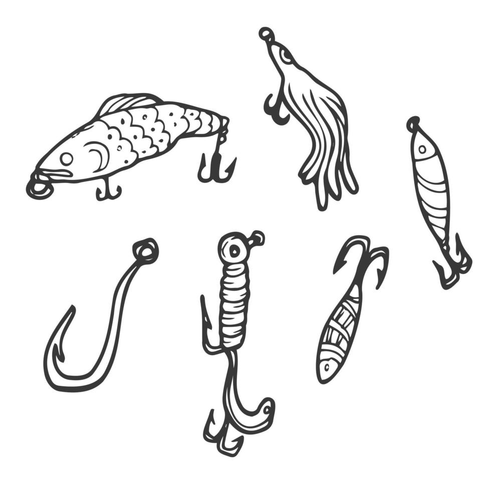 doodle isca de pesca. iscas de pesca contemporâneas abstratas de diferentes tamanhos e formas para o pescador. acessórios de pescador coloridos desenhados à mão com ganchos. conjunto de wobblers de plástico vetor isolado