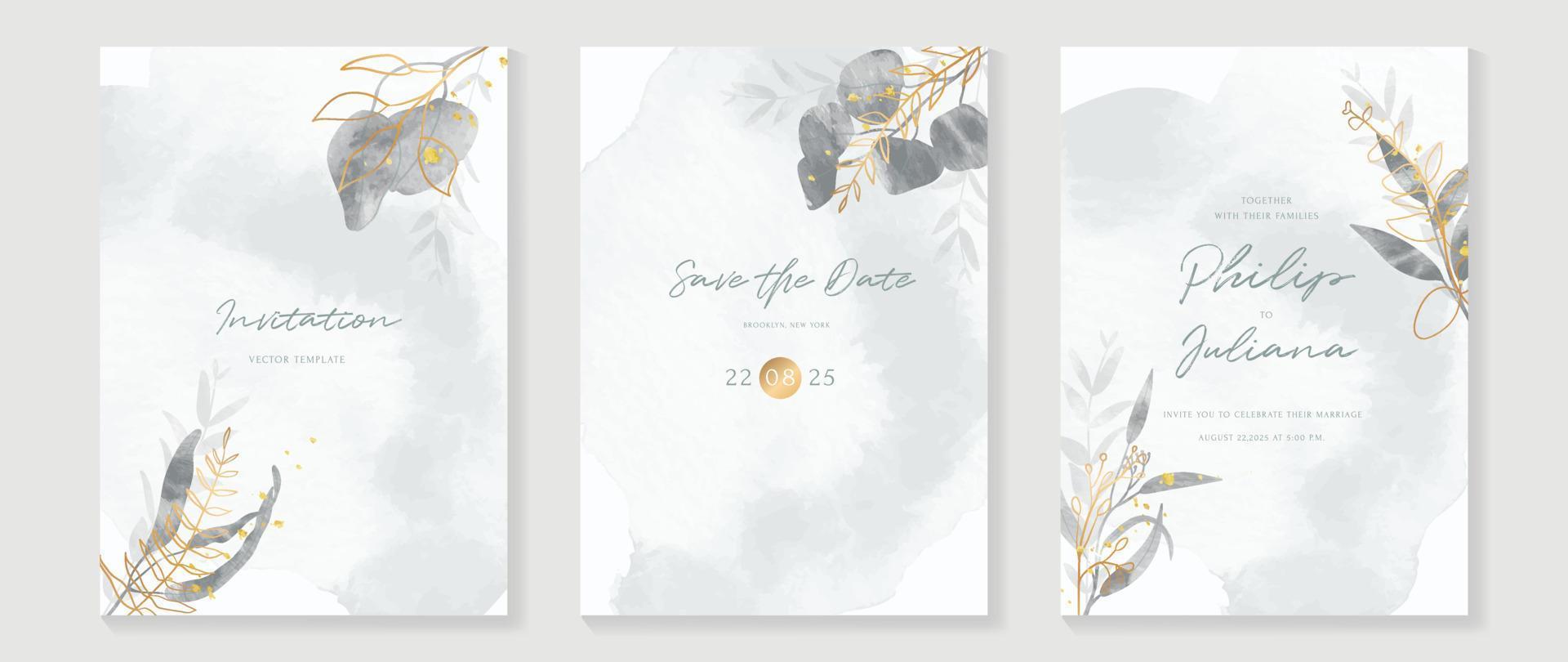 vetor de fundo de cartão de convite de casamento de luxo. ramo de folha floral aquarela elegante e fundo de modelo de textura de arte de linha ouro. ilustração de design para modelo de capa de casamento e vip, banner.