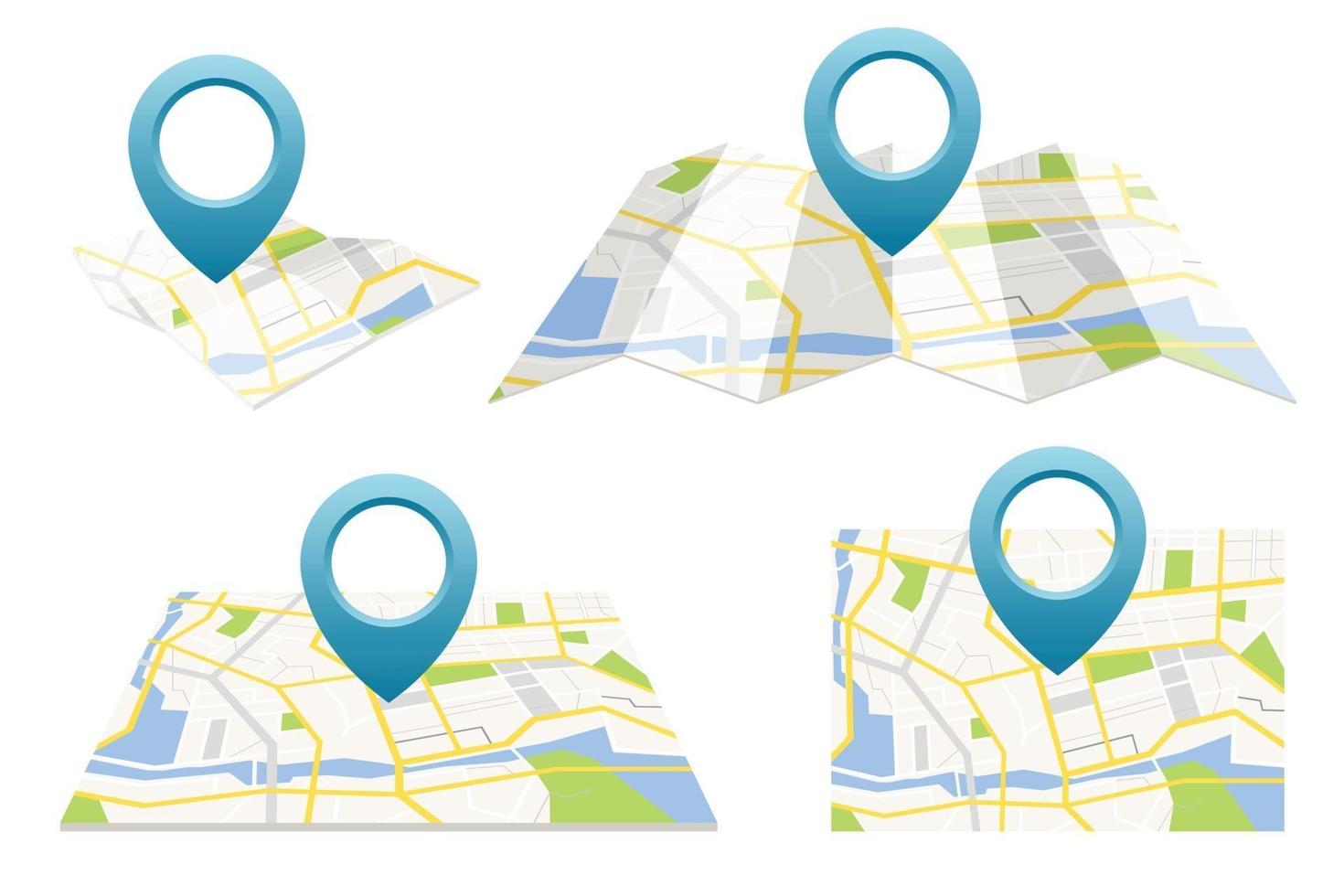 conjunto de mapa GPS com conjunto de ilustração vetorial pin vetor