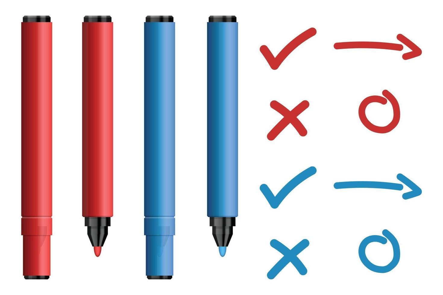 conjunto de canetas hidrocor vermelhas e azuis com marca e cruz vetor