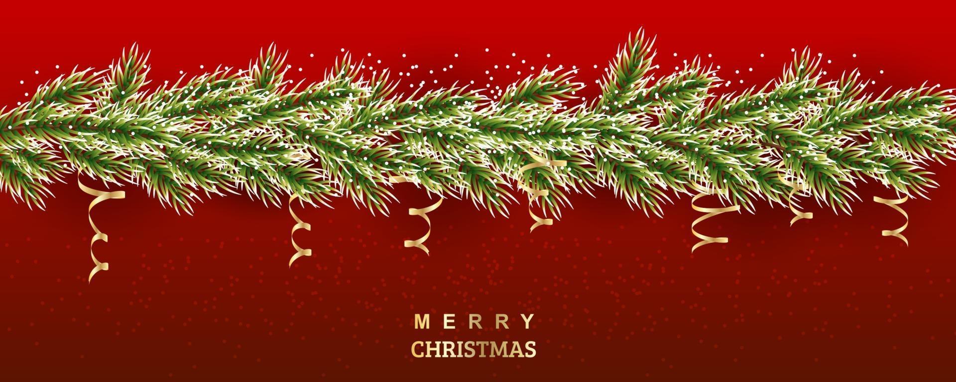 ilustração da árvore de natal. ramos nevados de abeto com serpentina de ouro. fundo do vetor para banners, sites, convites. borda realista em um fundo vermelho