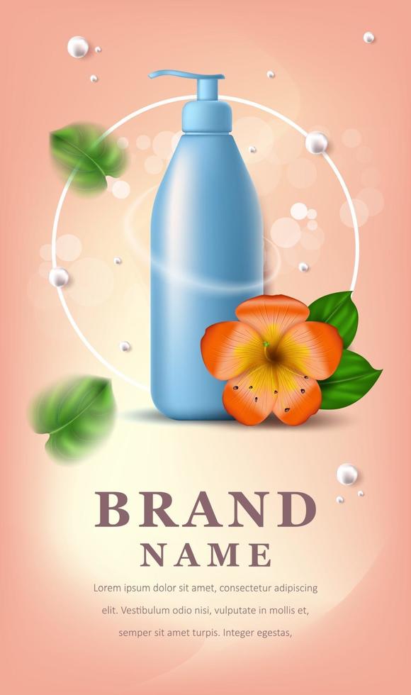 ilustração realística do vetor com bolhas de shampoo ou gel azuis vazias. flor havaiana tropical e folhas verdes. banner para publicidade e promoção de produtos cosméticos. usar para pôsteres, cartões