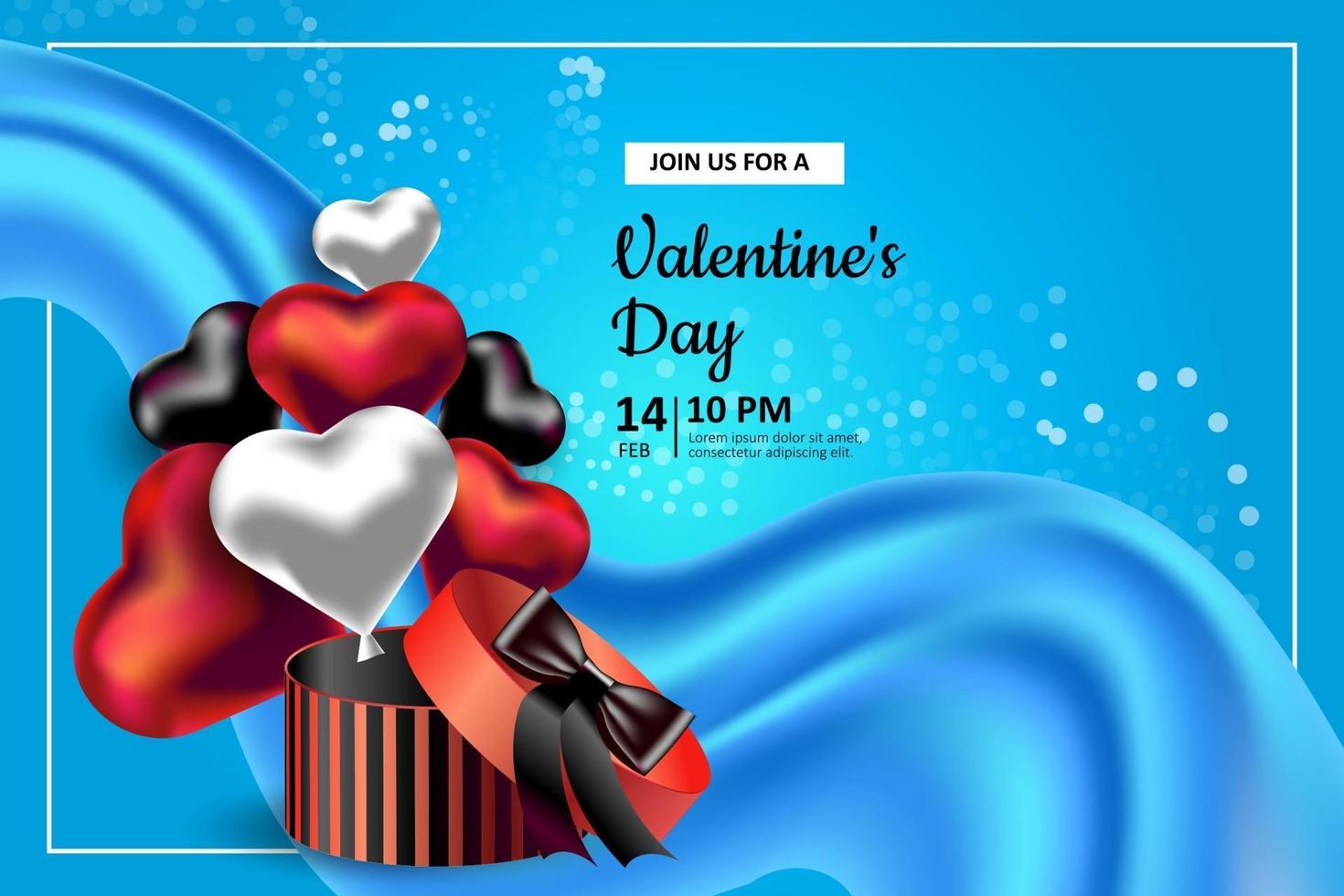 Dia dos namorados. ilustração vetorial com uma caixa vermelha de embalagem e balões em forma de coração. convite para um feriado, casamento e aniversário. pano de fundo azul e copyspace vetor