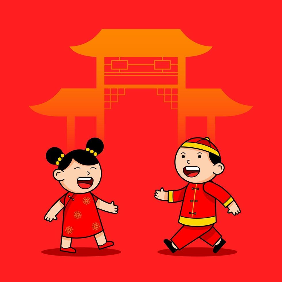 feliz caminhada personagem de desenho animado de menino e menina chinês vetor