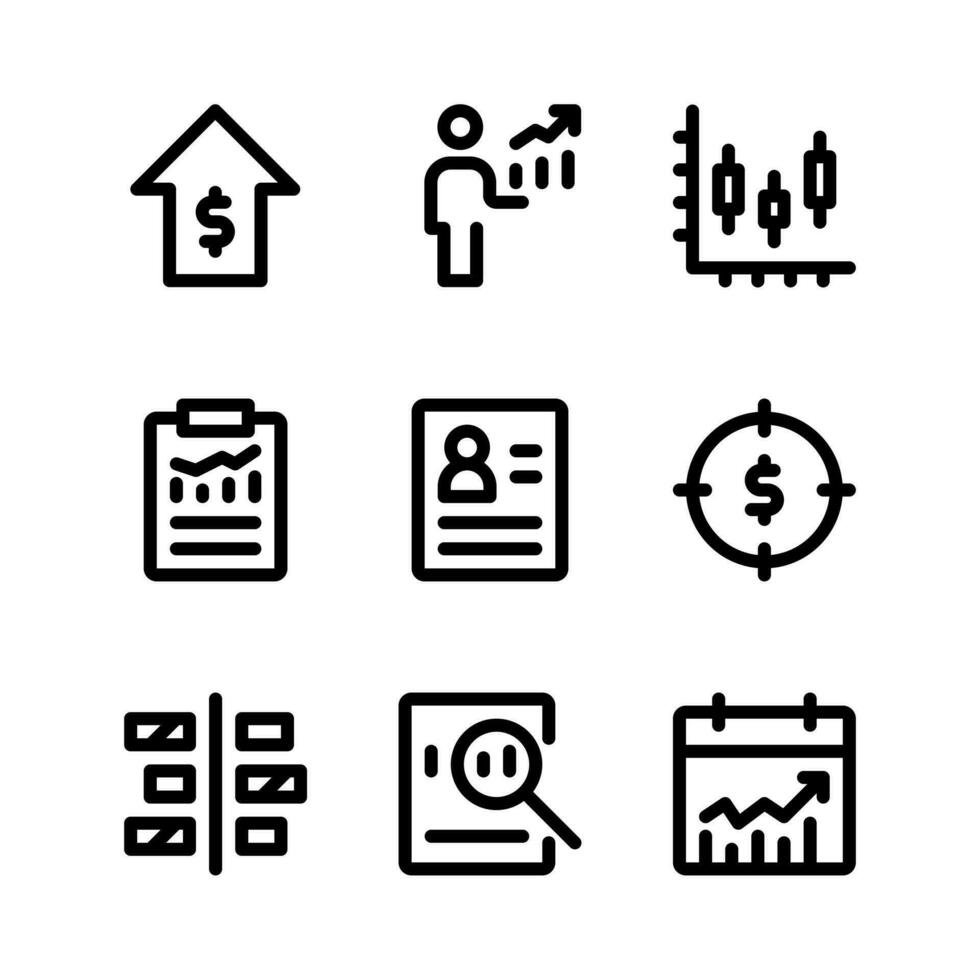 conjunto simples de ícones de linha do vetor relacionados à bolsa de valores. contém ícones como crescimento econômico, empresário, gráfico de ações, relatório e muito mais.