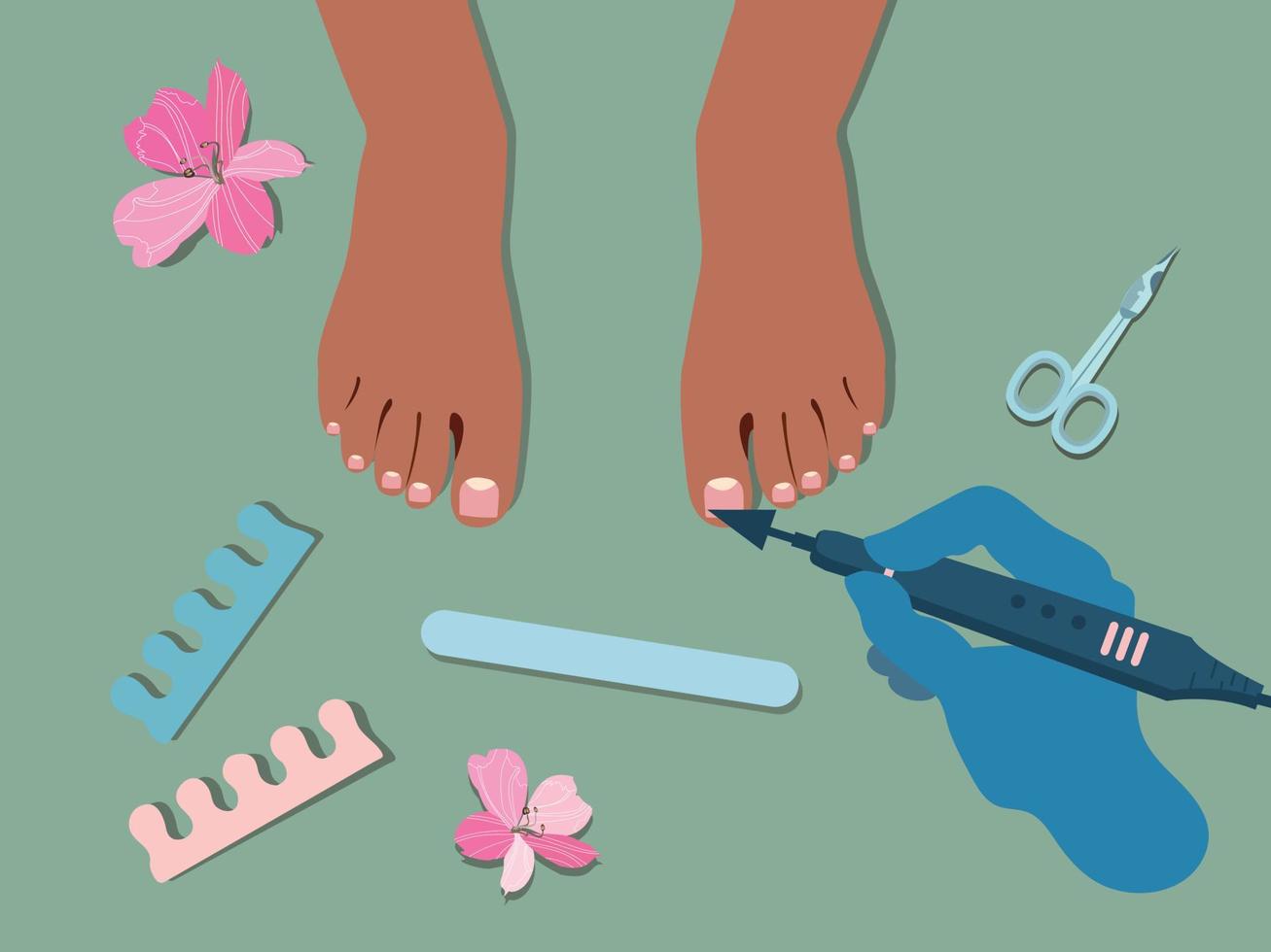 podologia conceito. pés tratamento. hardware médico pedicure. unha limpeza aparelho. paciente em pedicure com pediatra pedicuro. clínica podologia. cosméticos do unhas do pernas. Projeto plano vetor