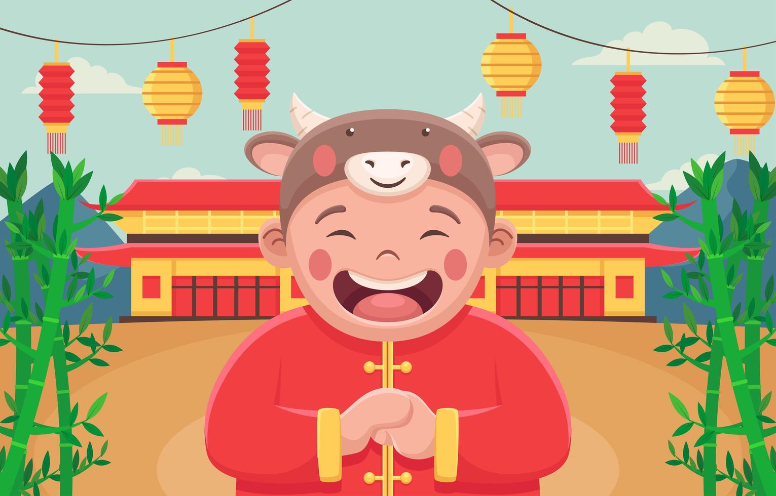ano novo chinês com uma criança feliz expressão vetor