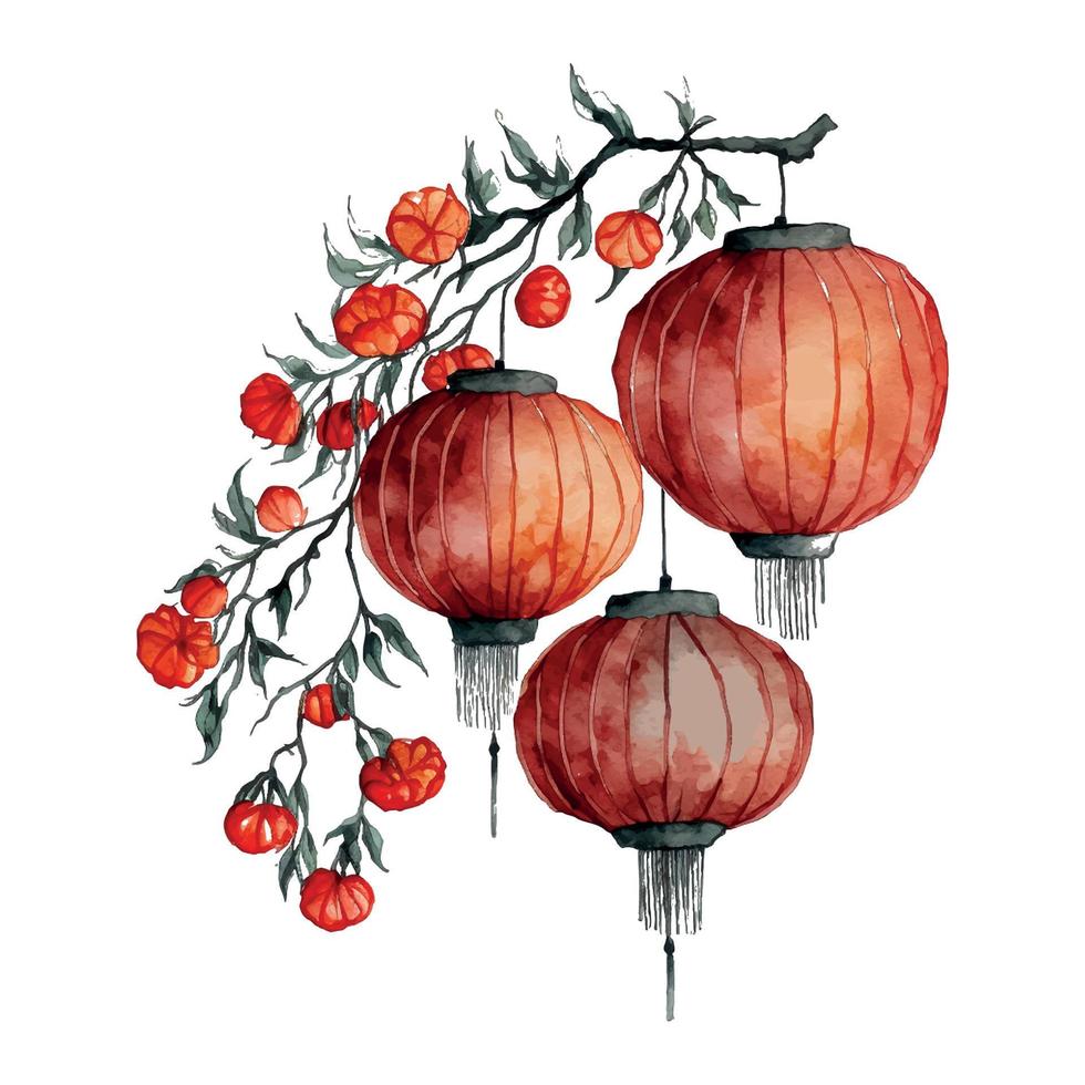 design de cartão vetorial festivo de ano novo chinês em lanternas vermelhas chinesas de fundo aquarela vetor