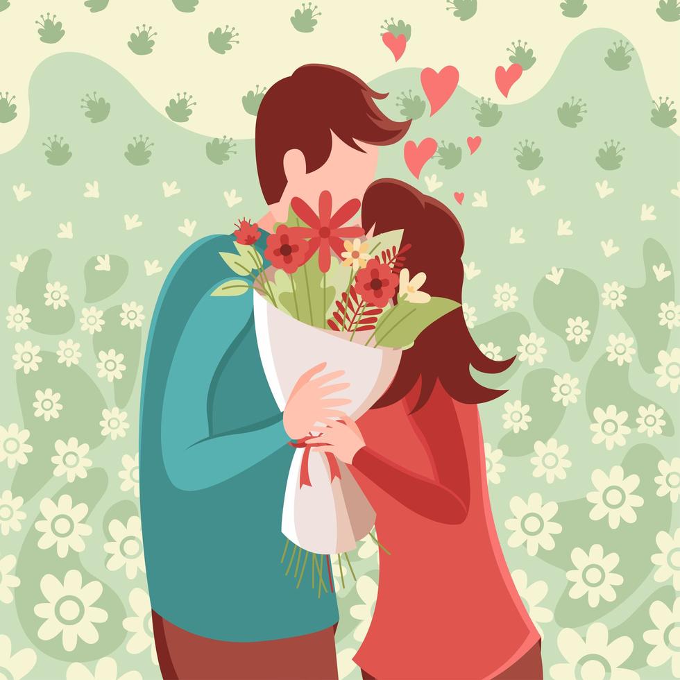 ilustração plana de um casal se beijando segurando um buquê de flores vetor