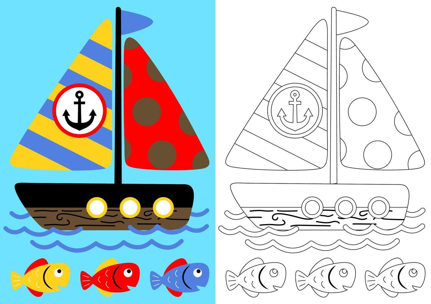 coloração página com barco a vela e peixe, vetor desenho animado ilustração