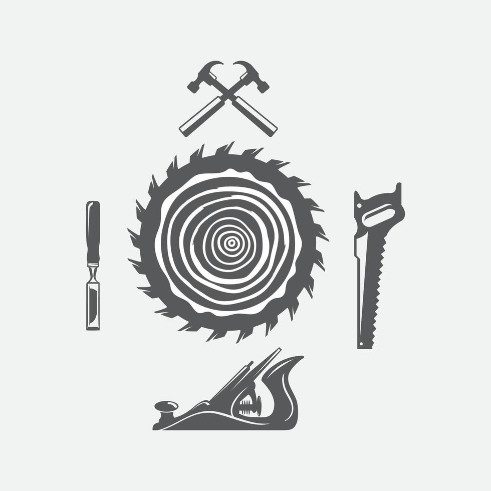 conjunto de logotipo de marcenaria com martelo e prego isolado no fundo para serviço de carpintaria vetor