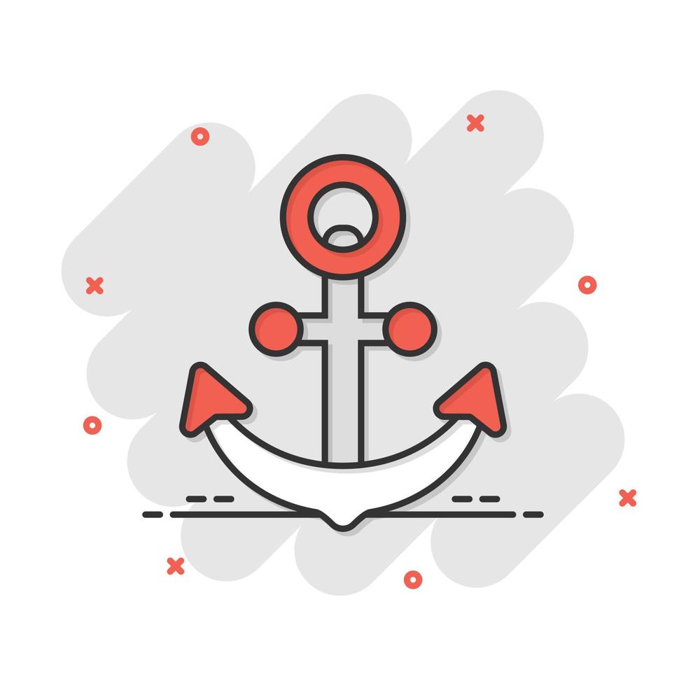 ícone de sinal de âncora de barco em estilo cômico. ilustração de desenho vetorial de equipamento marítimo em fundo branco isolado. efeito de respingo de conceito de negócio de segurança marítima. vetor