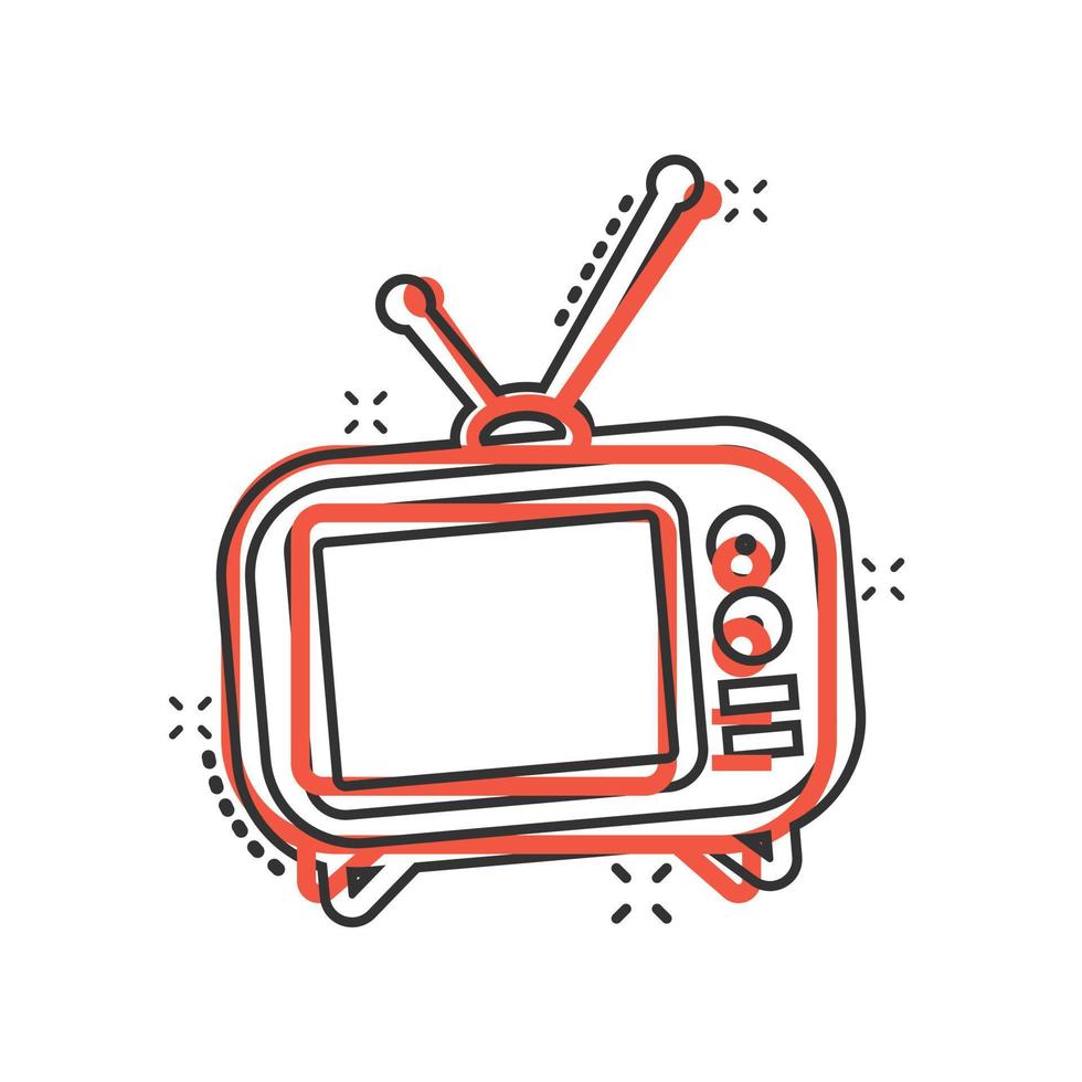 ícone da tv em estilo cômico. ilustração em vetor sinal de desenho animado de televisão em fundo branco isolado. conceito de negócio de efeito de respingo de canal de vídeo.