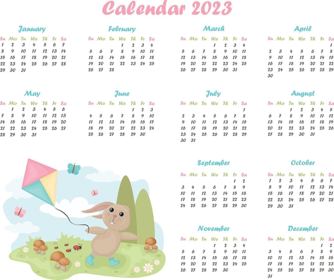 calendário ano 2023. calendário com a imagem do uma fofa Coelho. parede calendário para a ano. vetor ilustração