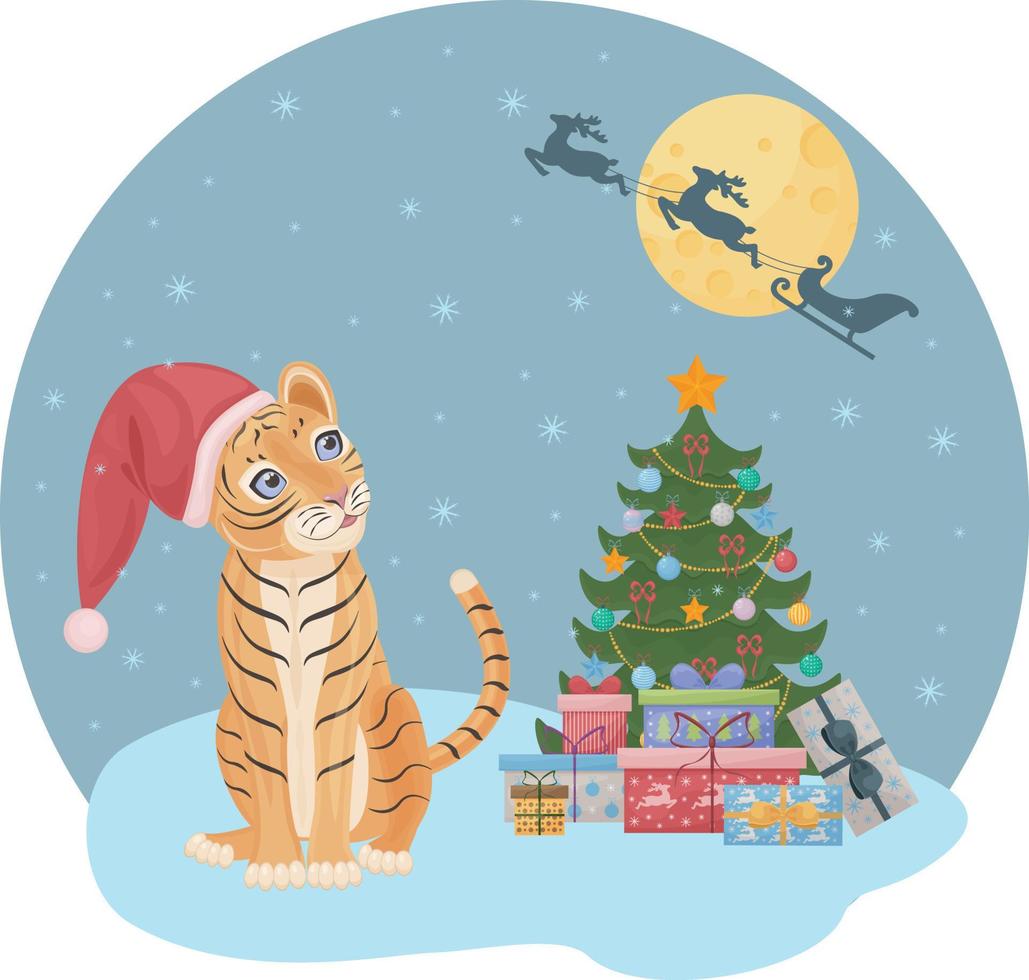 fofa Natal ilustração representando uma Natal árvore com presentes e uma fofa tigre filhote sentado perto a Natal árvore com presentes e olhando às santa s rena. crianças s Novo ano s ilustração vetor