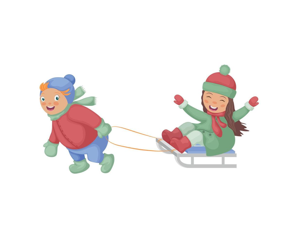 fofa crianças estão trenó. inverno ilustração representando uma Garoto carregando uma menina em uma trenó. a imagem do engraçado crianças dentro desenho animado estilo. vetor ilustração isolado em uma branco fundo.