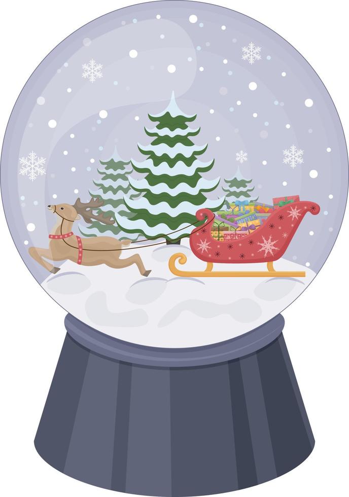 Natal neve globo. uma neve globo com santa claus rena arreado para uma trenó com presentes e Natal árvores dentro a fundo. uma Natal acessório. uma festivo brinquedo. vetor ilustração