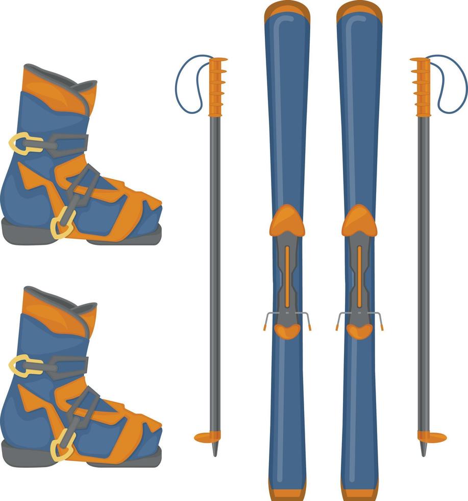 uma inverno Esportes kit apresentando descida esquis, esqui chuteiras e esqui pólos. Esportes equipamento para competições e ao ar livre Atividades. vetor ilustração isolado em uma branco fundo
