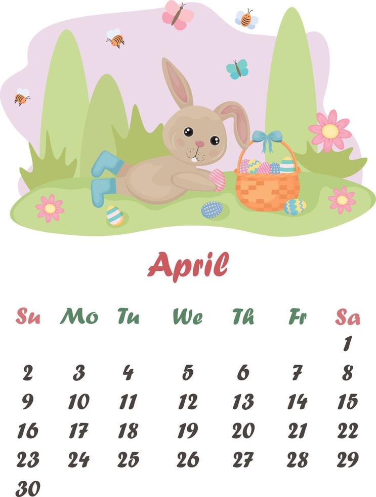 calendário abril. uma fofa Coelho é deitado com uma cesta do Páscoa ovos. calendário com desenho animado Coelho. vetor ilustração